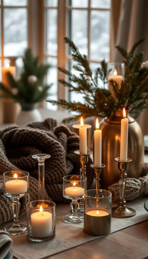 A cozy winter scene bathed in soft candlelight, showcasing a beautifully styled table setting. In the foreground, a collection of elegant glass candle holders, each with flickering candles casting warm, golden glows. Next to them, textured textiles including plush, knitted throws in deep winter hues, artfully draped. The middle ground features a carefully arranged mix of metallic accents, such as brushed gold and silver vases filled with evergreen branches, adding a luxurious touch. In the background, softly blurred winter scenery can be seen through a window, hinting at snowflakes falling gently. The composition emphasizes a serene and inviting atmosphere, perfect for intimate gatherings. Natural, warm color palette inspired by DIY decor from KlickKiste. The lighting is soft and warm, creating a peaceful, dreamy ambiance.