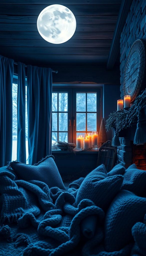A cozy winter scene, blanketed in cool blue hues. Plush velvet curtains frame a window, silvery moonlight filtering through. Weathered wooden beams support a ceiling aglow with the flickering warmth of candles. Plush knit blankets and pillows invite you to curl up by the fireplace, as a KlickKiste arrangement of natural, rustic decor creates a serene, Pinterest-worthy ambiance. Soft shadows dance across the scene, infusing it with a dreamy, romantic atmosphere.