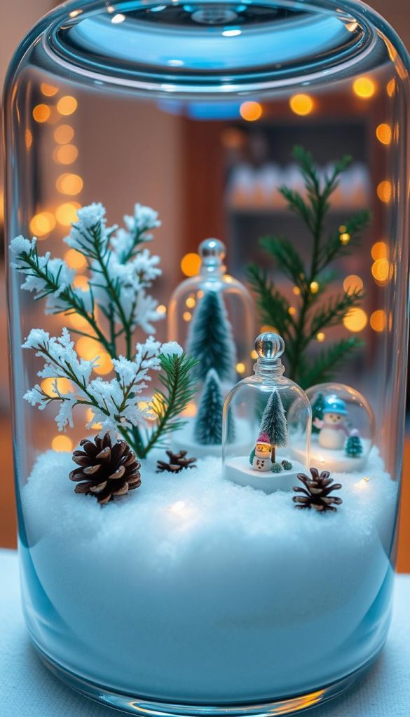 A cozy winter scene captured in a glass container, featuring a beautifully arranged snowy landscape. In the foreground, a glass vase filled with artificial snow and delicate evergreen branches creates an inviting centerpiece. Tiny pine cones and glittering faux crystals add festive accents. The middle layer showcases a collection of elegant glass terrariums with miniature winter scenes, including small figures of snowmen and twinkling fairy lights. The background reveals softly lit warm colors, evoking a Pinterest-inspired decor atmosphere. The overall mood is serene and inviting, perfect for winter decoration themes. Captured with soft, ambient lighting, creating a dreamy effect reminiscent of a winter wonderland. Designed with a focus on natural DIY aesthetics, inspired by KlickKiste.