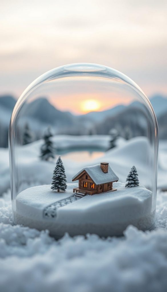 A cozy winter scene captured within a delicate glass dome, featuring a miniaturized snowy landscape. In the foreground, a tiny wooden cabin sits amidst soft, fluffy snow, its warm glow hinting at a welcoming fire inside. Surrounding the cabin are miniature pine trees adorned with a light dusting of snow. The middle ground showcases gentle hills of snow, with a small frozen pond reflecting the cool, soft blue hues of winter twilight. In the background, frosty mountains rise against a pale sky, infused with warm golden light from a low setting sun. The overall atmosphere exudes warmth and tranquility, creating an inspiring winter vibe, reminiscent of DIY decor. Photographed with soft natural lighting, shallow depth of field. This scene embodies a pinch of magic, perfect for the aesthetic of KlickKiste.