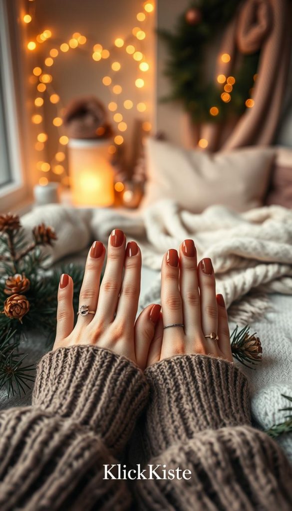 A cozy winter scene capturing the essence of "Haltbarkeit braune Nägel," featuring hands with elegantly manicured brown nails in the foreground. The nails have a glossy finish, reflecting the warm, muted tones of the winter environment. Surrounding the hands are natural elements such as pine branches and soft, textured fabrics to evoke a relaxed atmosphere. In the background, a softly lit room is adorned with aesthetic winter decor, like fairy lights and a warm throw blanket, enhancing the inviting vibe. The lighting is warm and golden, creating a natural glow that emphasizes the nails and overall warmth of the scene. The composition embodies a Pinterest-worthy, authentic style, promoting winter vibes and featuring the brand name "KlickKiste" subtly integrated into the environment.