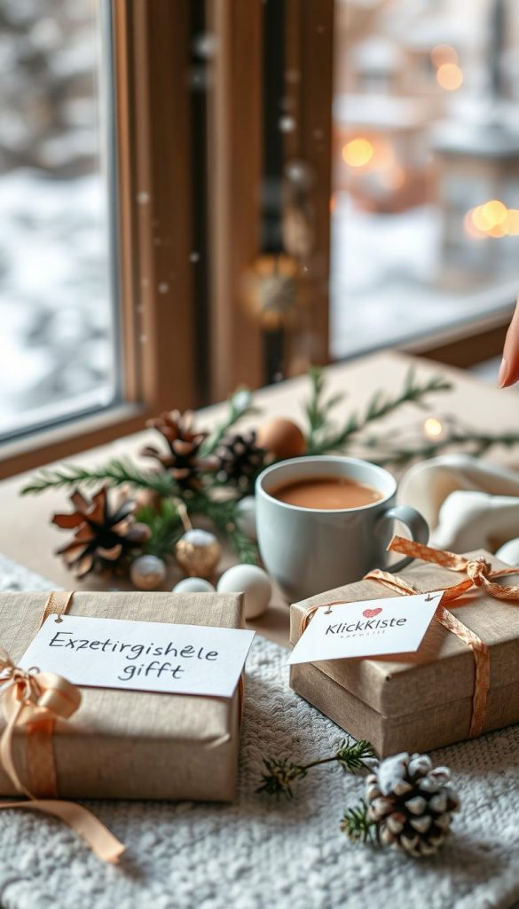 A cozy winter scene depicting a beautifully arranged table filled with warm, inviting gifts symbolizing "Erlebnisgeschenke" or experience gifts. In the foreground, a beautifully wrapped gift box with a delicate ribbon sits beside a handwritten note from "KlickKiste", evoking a sense of personal touch. The middle of the image features a steaming cup of hot cocoa, surrounded by soft, natural elements like pine cones and evergreen branches, adding a warm, rustic feel. The background is a softly blurred winter landscape outside a window, with gentle snowflakes falling, creating a serene atmosphere. The overall mood should be heartwarming, inspiring, and inviting, with warm color tones that evoke feelings of love and friendship, perfect for the festive season. Use soft, diffused lighting to enhance the cozy vibe, mimicking the golden hour.