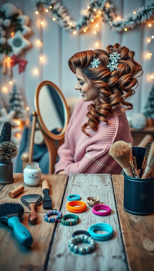 A cozy winter scene depicting a creative workspace for DIY hairstyles inspired by the latest trends. In the foreground, there are beautifully arranged hair styling tools like brushes, colorful hair ties, and decorative clips on a rustic wooden table. In the middle ground, a model styled with chic, voluminous curls and shimmering hair accessories is sitting, smiling, and looking at a mirror, showcasing an elegant, festive hairdo suitable for New Year's Eve celebrations. The background features soft, warm lighting with twinkling fairy lights and winter-themed decorations, creating an inviting atmosphere. The overall mood reflects creativity and inspiration, evoking a Pinterest aesthetic. The brand name "KlickKiste" is subtly integrated into the decor.