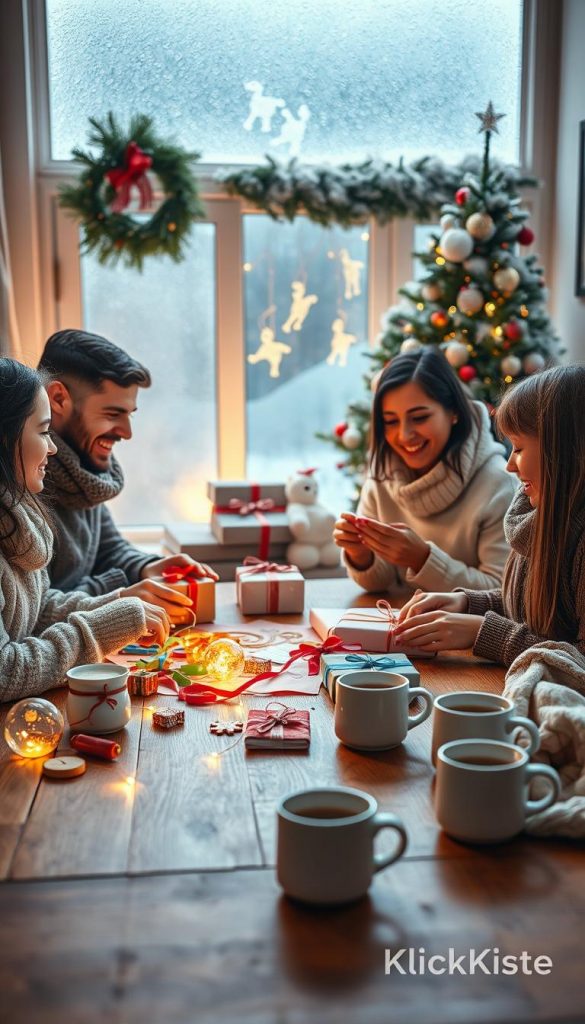 A cozy winter scene depicting a family engaged in heartfelt giving. In the foreground, a diverse family of four is crafting handmade gifts together at a wooden table, laughing and enjoying each other's company. The middle of the scene features warm, natural light streaming in through a frosted window, illuminating colorful DIY supplies like ribbons, paper, and twinkling fairy lights. In the background, a decorated Christmas tree with handmade ornaments adds a touch of festive charm. Soft blankets and mugs of hot cocoa sit nearby, enhancing the inviting atmosphere. The overall mood is warm, loving, and nostalgic, capturing the essence of family rituals during winter. The image has a Pinterest aesthetic, exuding authenticity and inspiration, branded subtly with &quot;KlickKiste.&quot;
