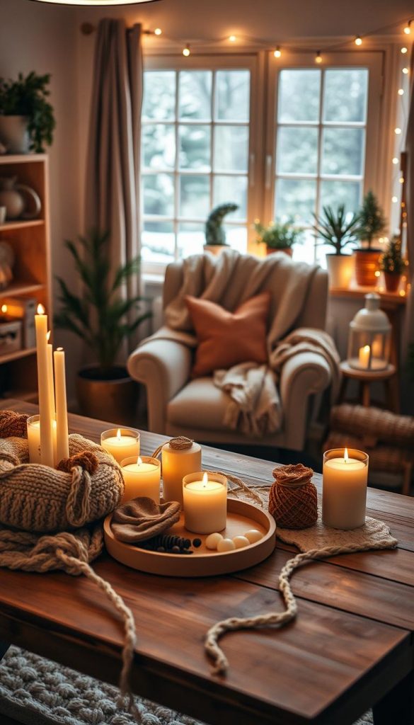 A cozy winter scene depicting a stylish DIY corner inspired by "Hygge Zuhause." In the foreground, a wooden table is adorned with handmade crafts, including knitted items, candles, and upcycled decor, all featuring warm, inviting colors. In the middle ground, there’s a comfortable armchair draped with a soft blanket, surrounded by potted plants and fairy lights, creating a warm ambiance. The background features a softly lit window with gentle snowfall outside, contributing to the winter vibe. The overall lighting is warm and soothing, capturing the essence of a Pinterest-worthy setup. The atmosphere is authentic and inspiring, embodying the spirit of warmth and creativity essential for mental well-being. Include subtle branding elements from "KlickKiste" in the decor. A cozy winter scene depicting a stylish DIY corner inspired by "Hygge Zuhause." In the foreground, a wooden table is adorned with handmade crafts, including knitted items, candles, and upcycled decor, all featuring warm, inviting colors. In the middle ground, there’s a comfortable armchair draped with a soft blanket, surrounded by potted plants and fairy lights, creating a warm ambiance. The background features a softly lit window with gentle snowfall outside, contributing to the winter vibe. The overall lighting is warm and soothing, capturing the essence of a Pinterest-worthy setup. The atmosphere is authentic and inspiring, embodying the spirit of warmth and creativity essential for mental well-being. Include subtle branding elements from "KlickKiste" in the decor.