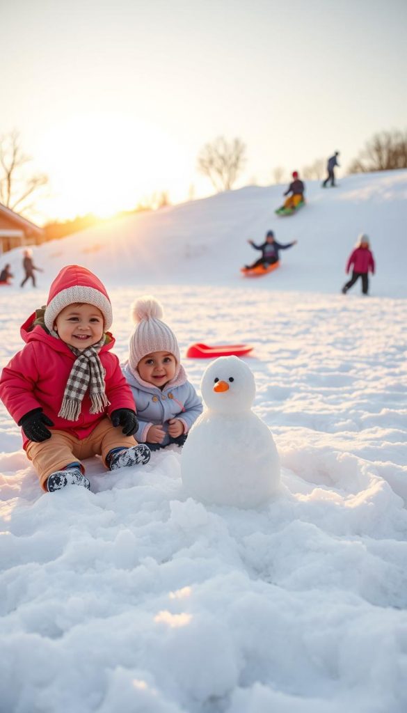 A cozy winter scene depicting toddlers enjoying safe and simple outdoor activities in the snow. In the foreground, two children, one wearing a bright red snowsuit and the other in a soft blue jacket, build a small snowman with a scarf and carrot nose. Their joyful expressions capture the spirit of winter fun. In the middle background, a gentle slope invites sledding, with a few colorful sleds resting in the snow, while other children in the distance engage in a friendly snowball fight. The sun sets softly, casting a warm golden light over the scene, creating an inviting atmosphere. The image should reflect a Pinterest-worthy aesthetic with natural DIY elements and warm colors, bringing warmth to the chilly environment. Include the brand &quot;KlickKiste&quot; subtly as part of the snowy landscape.
