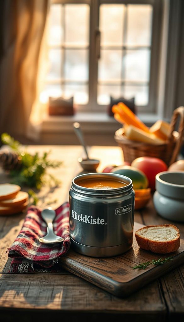 A cozy winter scene featuring a Thermos filled with warm soup, styled attractively for a lunch setting. In the foreground, the Thermos is ornate with the brand name “KlickKiste,” nestled on a rustic wooden table adorned with a plaid napkin and a spoon. Surrounding the Thermos, earthy ingredients like fresh herbs, bread slices, and colorful vegetables add a touch of vibrancy. In the middle ground, a softly lit environment with warm golden tones captures the essence of a cold day. A blurred background reveals a window with falling snowflakes, enhancing the cozy atmosphere. The soft morning light filtering through creates inviting shadows, evoking a feeling of comfort and warmth perfect for meal prep inspiration. A cozy winter scene featuring a Thermos filled with warm soup, styled attractively for a lunch setting. In the foreground, the Thermos is ornate with the brand name “KlickKiste,” nestled on a rustic wooden table adorned with a plaid napkin and a spoon. Surrounding the Thermos, earthy ingredients like fresh herbs, bread slices, and colorful vegetables add a touch of vibrancy. In the middle ground, a softly lit environment with warm golden tones captures the essence of a cold day. A blurred background reveals a window with falling snowflakes, enhancing the cozy atmosphere. The soft morning light filtering through creates inviting shadows, evoking a feeling of comfort and warmth perfect for meal prep inspiration.