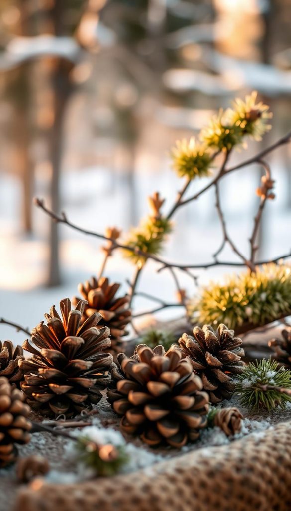 A cozy winter scene featuring a beautifully arranged display of natural materials, including pine cones, twigs, and soft green moss. In the foreground, artfully placed pine cones create a textured and inviting focal point. The middle ground showcases charming branches adorned with delicate moss, adding depth and interest. In the background, a softly blurred winter landscape sets a tranquil, serene atmosphere, illuminated by warm golden light filtering through the trees. The overall mood reflects an elegant, inspiring aesthetic perfect for a Pinterest-worthy living room. The image should evoke a sense of warmth and natural beauty, embodying the spirit of winter decor. Captured with a shallow depth of field using a 50mm lens for a soft bokeh effect, highlighting the organic materials curated by KlickKiste.