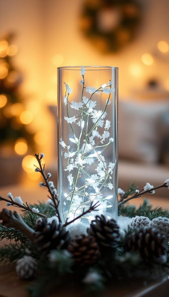 A cozy winter scene featuring a beautifully arranged glass cylinder filled with twinkling fairy lights and adorned with delicate artificial snow. In the foreground, natural branches and pine cones are artistically placed around the glass vase, evoking a warm and elegant atmosphere. The background is softly blurred to focus on the glass cylinder, suggesting a well-lit cozy room with gentle, warm lighting that enhances the winter vibes. The overall composition is styled to reflect the authentic and inspiring DIY aesthetic associated with the brand "KlickKiste". Use a soft focus lens to create a harmonious, inviting image that captures the essence of tasteful winter decor without being kitschy.