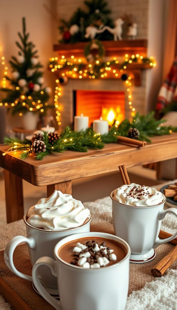 A cozy winter scene featuring a beautifully arranged hot chocolate bar, inspired by "KlickKiste". In the foreground, there are elegant mugs filled with rich, whipped cream-topped hot chocolate, adorned with festive toppings like marshmallows, sprinkles, and cinnamon sticks. The middle ground showcases a rustic wooden table, decorated with warm-toned fairy lights, evergreen branches, and seasonal ornaments. In the background, a softly lit room exudes a warm atmosphere, with a glowing fireplace and wintery decor enhancing the inviting vibe. The lighting is soft and golden, casting a comforting glow over the setup. The overall mood is warm, inviting, and perfect for a winter gathering, capturing the essence of hosting tips for a delightful party.