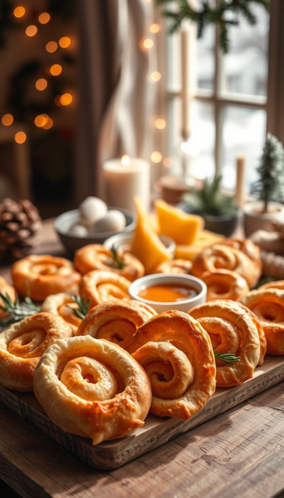 A cozy winter scene featuring a beautifully arranged platter of fresh, golden-brown blätterteig pastries, showcasing a variety of savory cheese-filled shapes, such as spirals and triangles. In the foreground, the flaky texture of the dough is highlighted, with melted cheese oozing slightly from the edges. The middle of the image contains a rustic wooden table, adorned with sprigs of rosemary and a small bowl of dipping sauce for added warmth. Soft, natural lighting filters through a nearby window, casting gentle shadows that enhance the inviting atmosphere. The background hints at a festive party setting with blurred fairy lights and seasonal décor, creating a Pinterest-worthy vibe. Captivating and authentic, this image represents the effortless charm of winter snacks, perfect for a Silvester gathering, courtesy of KlickKiste.