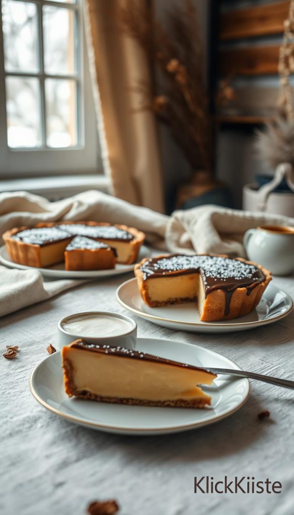 A cozy winter scene featuring a beautifully arranged table with a slice of coffee pie adorned with a glossy coffee glaze and a sprinkle of powdered sugar. In the foreground, a plate holds a generous slice of rich, creamy cheese next to a steaming cup of freshly brewed coffee topped with frothy milk. The middle ground showcases soft, warm-toned textiles and rustic wooden accents, creating an inviting atmosphere. In the background, gentle, diffused natural light streams in from a nearby window, illuminating the scene and casting soft shadows. The overall mood is warm and inviting, evoking a sense of comfort and togetherness perfect for lazy winter afternoons. Inspired by a DIY aesthetic, the image reflects the thoughtful, cozy essence of winter baking, branded with "KlickKiste".