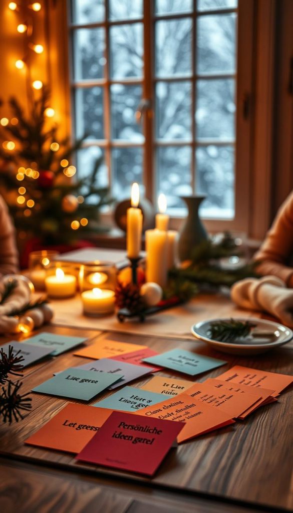 A cozy winter scene featuring a beautifully arranged table with "persönliche ideen zettel" in warm, inviting colors. In the foreground, there are colorful note cards neatly placed, showcasing creative ideas for interactive New Year's Eve games. Soft, warm lighting envelops the scene, creating an intimate atmosphere, with fairy lights twinkling in the background. The middle ground includes a snowy window with gentle snowfall outside, adding to the winter vibes. Decorative elements like pine branches and candles enhance the ambiance, conveying feelings of joy and connection. The image should evoke inspiration and authenticity, resembling a natural DIY aesthetic perfect for Pinterest. Include subtle branding of "KlickKiste" within the visual elements, ensuring it harmonizes with the overall composition. A cozy winter scene featuring a beautifully arranged table with "persönliche ideen zettel" in warm, inviting colors. In the foreground, there are colorful note cards neatly placed, showcasing creative ideas for interactive New Year's Eve games. Soft, warm lighting envelops the scene, creating an intimate atmosphere, with fairy lights twinkling in the background. The middle ground includes a snowy window with gentle snowfall outside, adding to the winter vibes. Decorative elements like pine branches and candles enhance the ambiance, conveying feelings of joy and connection. The image should evoke inspiration and authenticity, resembling a natural DIY aesthetic perfect for Pinterest. Include subtle branding of "KlickKiste" within the visual elements, ensuring it harmonizes with the overall composition.