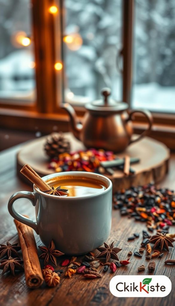 A cozy winter scene featuring a beautifully arranged tea set, with a steaming cup of chai latte in the foreground, garnished with cinnamon sticks and star anise. Surrounding the cup, fragrant spices like cardamom and cloves are artistically scattered, enhancing the warm, inviting feel. In the middle ground, a rustic wooden table holds a teapot and an assorted collection of tea leaves in vibrant colors. Soft, golden lighting bathes the scene, creating a warm ambiance reminiscent of a snug evening at home. In the background, a blurred window reveals snow gently falling outside, adding to the winter vibes. The overall image should evoke comfort and inspiration, reflecting the essence of natural DIY aesthetics with a Pinterest-inspired look. Include a subtle brand logo "KlickKiste" in the corner.