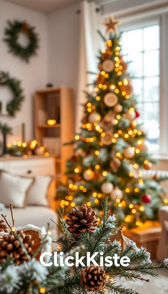 A cozy winter scene featuring a beautifully decorated Christmas tree with DIY and upcycled ornaments. In the foreground, showcase handmade decorations made from natural materials like pinecones, dried orange slices, and twigs, adding a touch of rustic charm. The middle ground should display the tree adorned with warm lights casting a soft glow, creating an inviting atmosphere. In the background, a softly lit room with wooden accents and winter foliage enhances the cozy ambiance. Use warm, natural colors to evoke a Pinterest-inspired aesthetic. The overall mood should be authentic and inspiring, inviting viewers to explore creative decoration ideas with a touch of nature. Incorporate the brand name &quot;KlickKiste&quot; subtly within the composition.