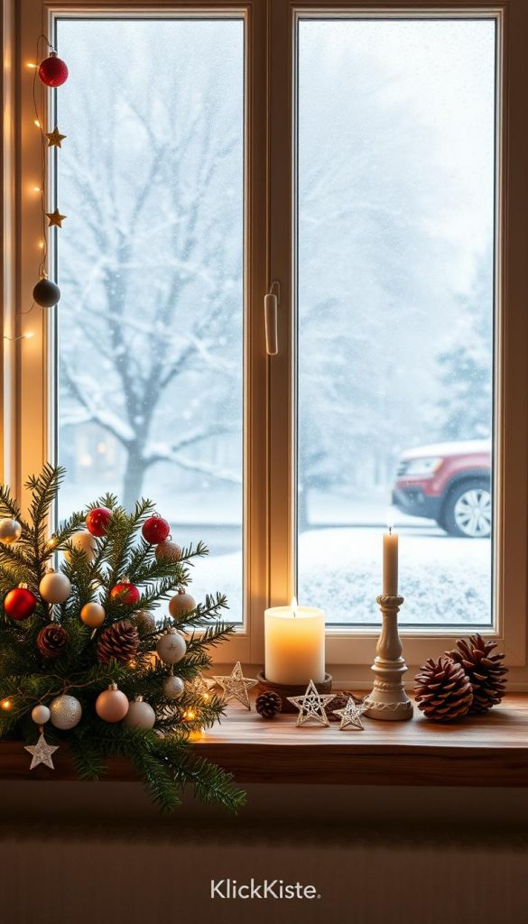 A cozy winter scene featuring a beautifully decorated windowsill for Christmas. In the foreground, display a rustic wooden shelf adorned with an assortment of DIY decorations: twinkling fairy lights, handmade ornaments, and small evergreen branches mingling with colorful baubles. The middle section shows a cheerful arrangement of candles in varying heights, surrounded by pinecones and intricate star-shaped decorations. The background features a softly frosted window showcasing a serene winter landscape, with gentle snowflakes falling outside. Ensure warm lighting bathes the scene, creating a nostalgic and inviting atmosphere. Emphasize a Pinterest-worthy aesthetic with natural elements and comforting colors, reflecting the brand KlickKiste.