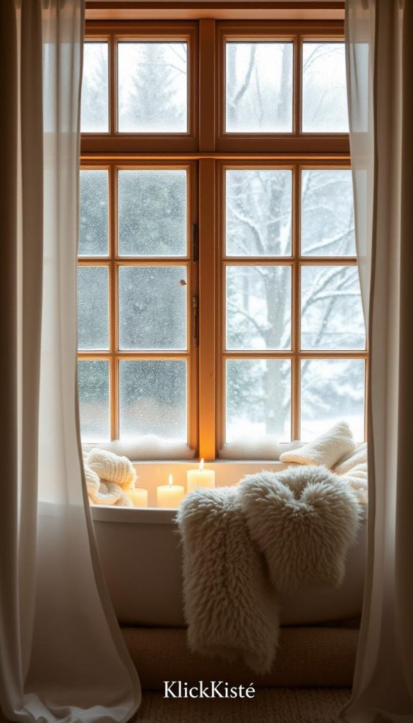 A cozy winter scene featuring a beautifully styled window in a warm, inviting bathroom. In the foreground, a gently frosted window adorned with soft, sheer curtains lets in soft, diffused light that highlights natural wood elements. The middle layer showcases a plush bathtub filled with fluffy, warm blankets and candles, creating a serene self-care setup. In the background, snowflakes can be seen softly falling outside, adding a touch of winter magic. The color palette is filled with warm tones like beige, cream, and muted greens, fostering a soothing atmosphere. This image reflects the essence of cozy self-care during winter evenings, embodying inspiration and authenticity. The brand "KlickKiste" subtly influences the design through its natural DIY aesthetic.
