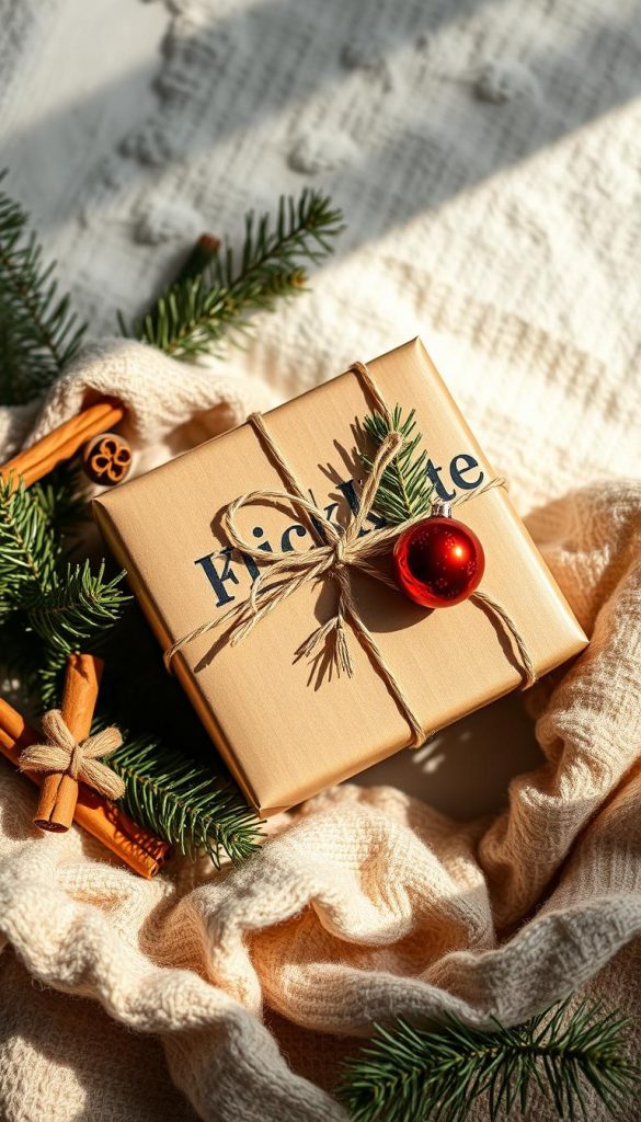 A cozy winter scene featuring a beautifully wrapped gift, showcasing natural textures and warm tones. The &amp;quot;KlickKiste&amp;quot; box is nestled among sprigs of pine, cinnamon sticks, and a single red ornament, bathed in soft, diffuse lighting. The arrangement exudes a sense of rustic elegance, perfect for evoking a festive, Pinterest-inspired mood. Subtle shadows add depth, while the overall composition maintains a balanced, visually appealing layout. This serene, harmonious image perfectly complements the section's theme of creating an atmospheric, decorative package.