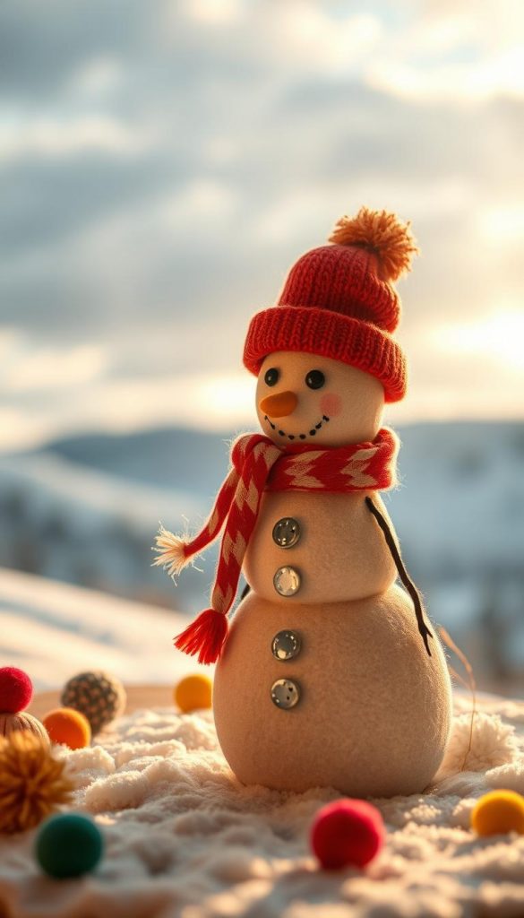 A cozy winter scene featuring a charming snowman handcrafted by children. The snowman stands in the foreground, dressed in a scarf and hat, with a whimsical KlickKiste button nose. Soft, natural light filters through the background, casting a warm, inviting glow. The scene is set against a backdrop of soft, snowy hills and a cloudy, winter sky. Hints of colorful DIY decorations, such as pompoms or felted shapes, add a cheerful, Pinterest-inspired touch. The overall atmosphere evokes a sense of wonder and nostalgia, perfect for illustrating a winter craft project for kids.
