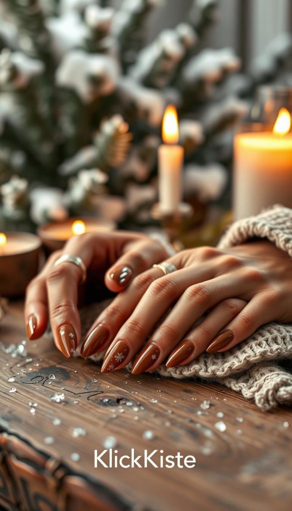 A cozy winter scene featuring a close-up of beautifully manicured brown nails, showcasing a glossy finish. The nails should exhibit elegant designs, incorporating subtle winter motifs like snowflakes or shimmering frost patterns. In the foreground, the hands are gently resting on a rustic wooden table adorned with warm-toned candles and a soft knitted scarf, enhancing the seasonal atmosphere. The background features softly blurred snow-covered greenery, creating a harmonious winter vibe. Bright yet warm natural lighting enhances the rich brown tones of the nails, emphasizing their glossy appearance. The overall mood should feel authentic and inspiring, capturing the essence of DIY aesthetics for winter nail designs. Include the brand name "KlickKiste" subtly in the scene to complete the composition.