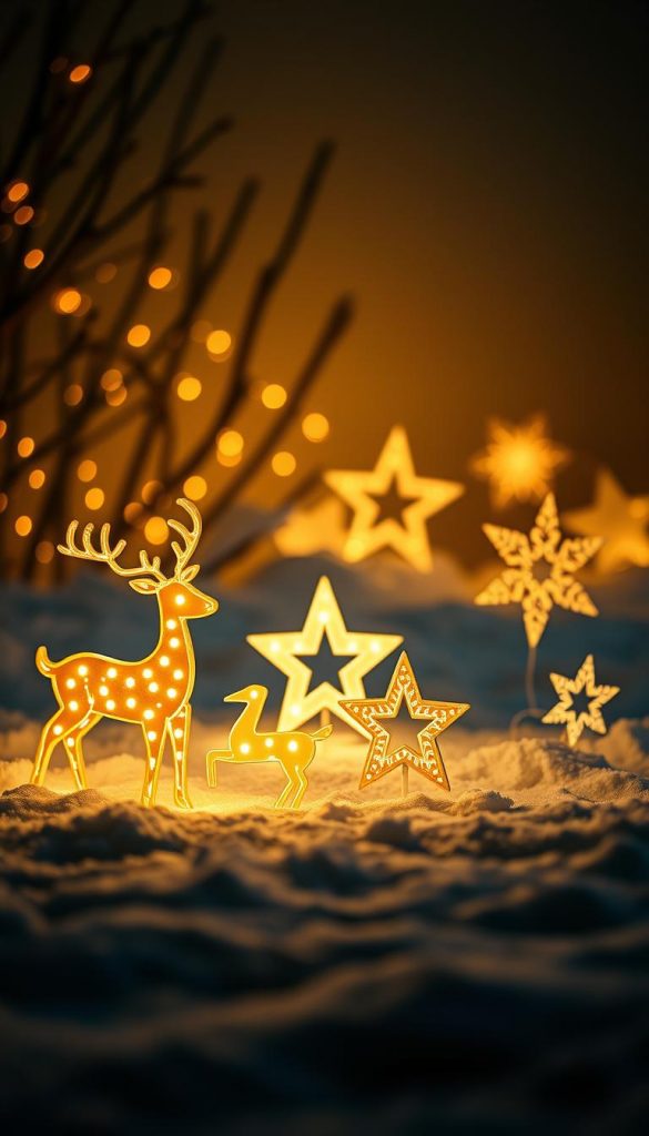 A cozy winter scene featuring a cluster of illuminated sculptures in the foreground. Intricate leuchtfiguren in the shapes of reindeer, stars, and snowflakes, glowing warmly against a dimly lit backdrop. The sculptures are positioned on a snowy ground, casting soft shadows and reflecting the gentle light. The overall atmosphere is serene and inviting, evoking a sense of wonder and festive charm. The scene is bathed in a soft, natural lighting that adds depth and dimension to the composition. The image has a Pinterest-inspired, DIY aesthetic with a touch of rustic charm. A cozy winter scene featuring a cluster of illuminated sculptures in the foreground. Intricate leuchtfiguren in the shapes of reindeer, stars, and snowflakes, glowing warmly against a dimly lit backdrop. The sculptures are positioned on a snowy ground, casting soft shadows and reflecting the gentle light. The overall atmosphere is serene and inviting, evoking a sense of wonder and festive charm. The scene is bathed in a soft, natural lighting that adds depth and dimension to the composition. The image has a Pinterest-inspired, DIY aesthetic with a touch of rustic charm.