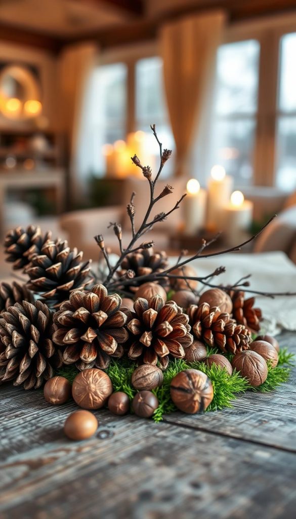 A cozy winter scene featuring a collection of pine cones, branches, and nuts artistically arranged on a rustic wooden table. The foreground showcases a cluster of glossy brown pine cones, with their unique textures and intricate patterns. In the middle, a few elegantly curved branches add a natural elegance, interspersed with scattered walnuts and hazelnuts, providing an organic touch. Soft green moss peeks out from beneath the arrangement, enhancing the earthy vibe. The background features a softly blurred view of a warmly lit living room with flickering candlelight, creating a tranquil, inviting atmosphere. The lighting is warm and cozy, simulating a low-angle afternoon sun to emphasize the rich colors and textures of the natural materials. The overall mood is serene and comforting, perfect for capturing winter vibes. Inspired by the aesthetic of KlickKiste.