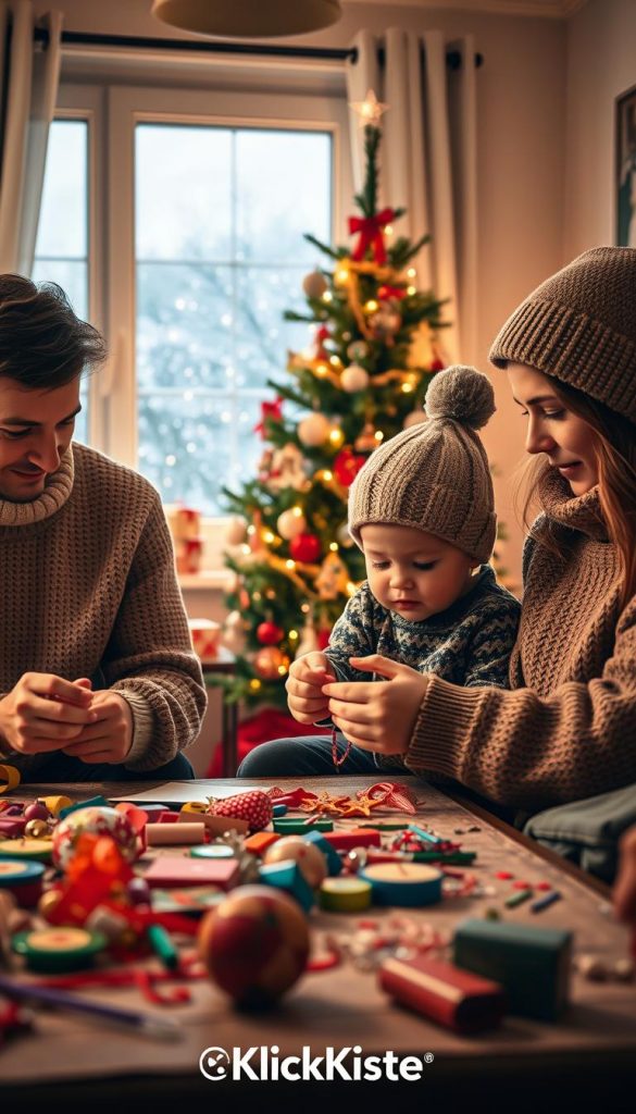 A cozy winter scene featuring a family engaged in festive DIY activities at home. In the foreground, two parents and a child are happily crafting handmade ornaments, surrounded by colorful materials like paper, ribbons, and glitter. The mother, wearing a warm sweater, assists the child, who is wearing a cute beanie. The middle of the image shows a beautifully decorated Christmas tree, adorned with unique DIY decorations, casting a soft glow from twinkling lights. In the background, a window reveals gently falling snowflakes, enhancing the winter atmosphere. The scene is bathed in warm, inviting lighting, creating a sense of togetherness and joy. The overall mood is authentic and inspiring, reflecting a winter Pinterest aesthetic. Brand imagery for &quot;KlickKiste&quot; subtly incorporated through design elements.
