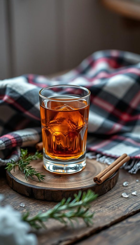 A cozy winter scene featuring a glass of rich, amber-hued whisky on a rustic wooden table. The drink is surrounded by warm, natural elements like a tartan blanket, a sprig of rosemary, and a few cinnamon sticks. Soft, diffused lighting creates a intimate, inviting atmosphere, while the camera angle captures the whisky glass in an elegant, three-quarter view. The overall mood is one of comfort, indulgence, and the perfect balance of tradition and modern design.