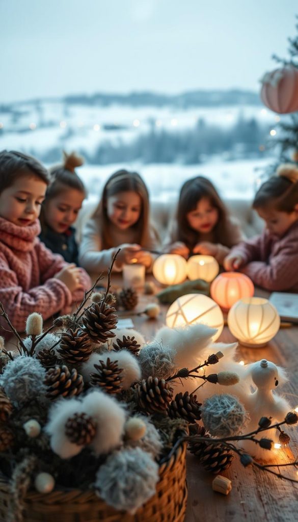 A cozy winter scene featuring a group of children crafting festive DIY decorations. In the foreground, a KlickKiste overflows with natural materials - pinecones, branches, and fluffy white wool. The children, bundled in warm sweaters, sit around a rustic wooden table, their faces illuminated by the soft glow of handmade paper lanterns. In the middle ground, the children diligently sculpt and paint, their expressions focused and content. The background depicts a snowy landscape, with a hint of twinkling holiday lights in the distance, creating a warm, inviting atmosphere. Soft, diffused lighting casts a gentle, dreamy hue, capturing the serene and playful spirit of this homemade winter wonderland.