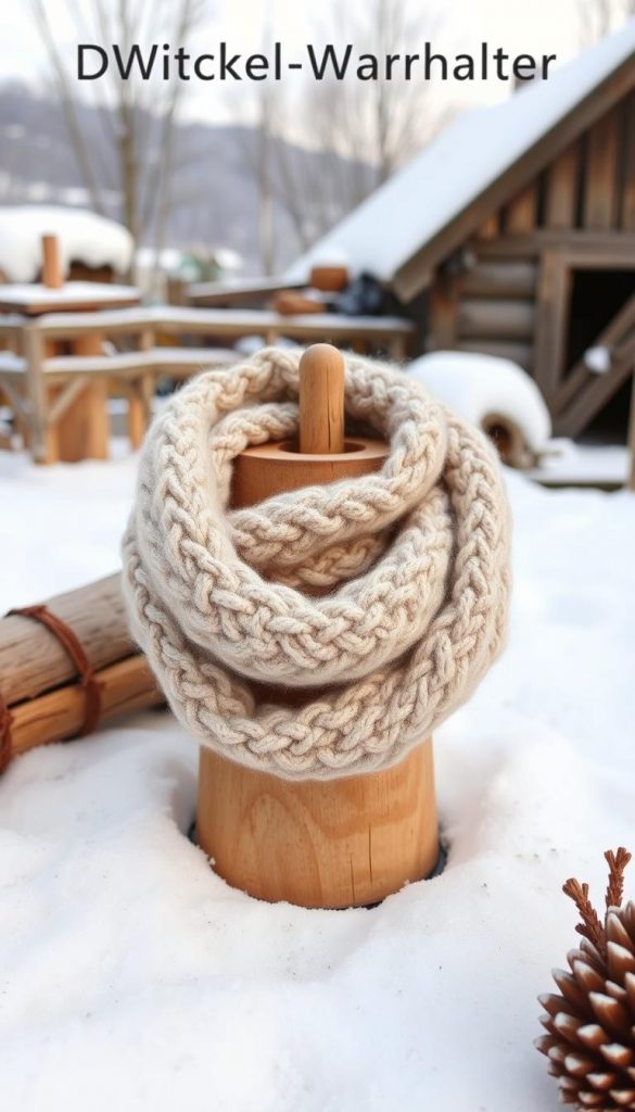 A cozy winter scene featuring a hand-knitted &quot;Wickel-Warmhalter&quot; scarf in natural tones. The scarf is meticulously crafted, its texture and warmth palpable. In the foreground, the scarf is wrapped twice around a wooden spool, creating a charming and practical winter accessory. The background showcases a rustic, snow-dusted landscape with a soft, diffused lighting, evoking a serene and peaceful atmosphere. The overall image has a handmade, artisanal feel, reflecting the DIY spirit of the KlickKiste brand.