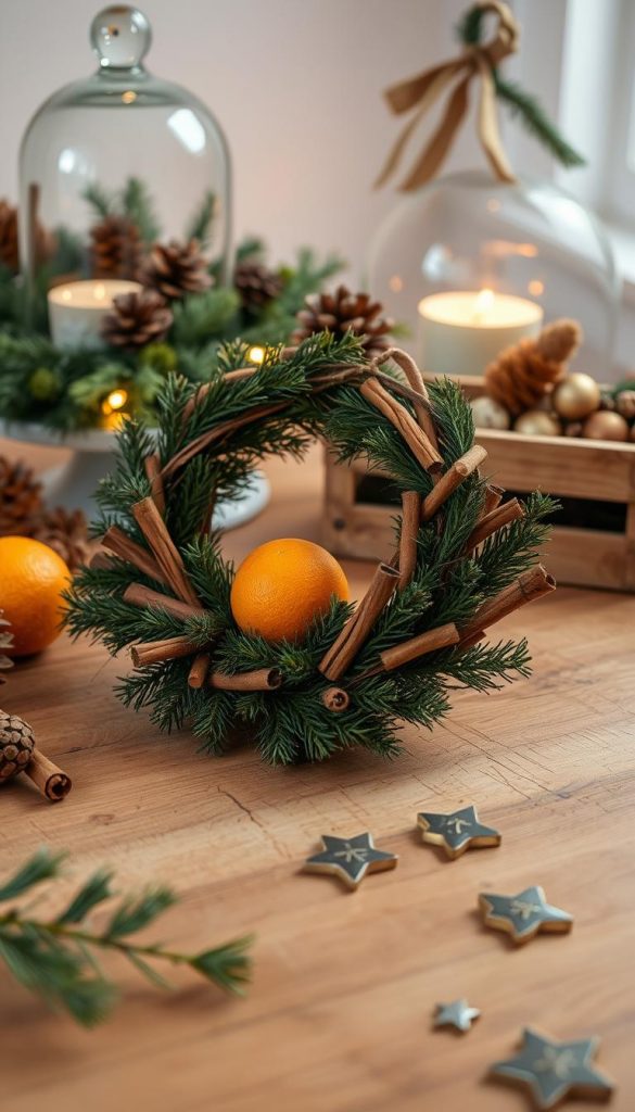A cozy winter scene featuring a handcrafted natural wreath made of pine branches, cinnamon sticks, and dried oranges. The wreath is displayed on a wooden table, with a soft, warm lighting casting a comforting glow. In the background, a festive glass dome adorned with pinecones and a rustic wooden box filled with festive trinkets creates a charming, homemade ambiance. The overall atmosphere is one of hygge, with a KlickKiste providing a modern, Pinterest-inspired touch to the rustic, natural decor.