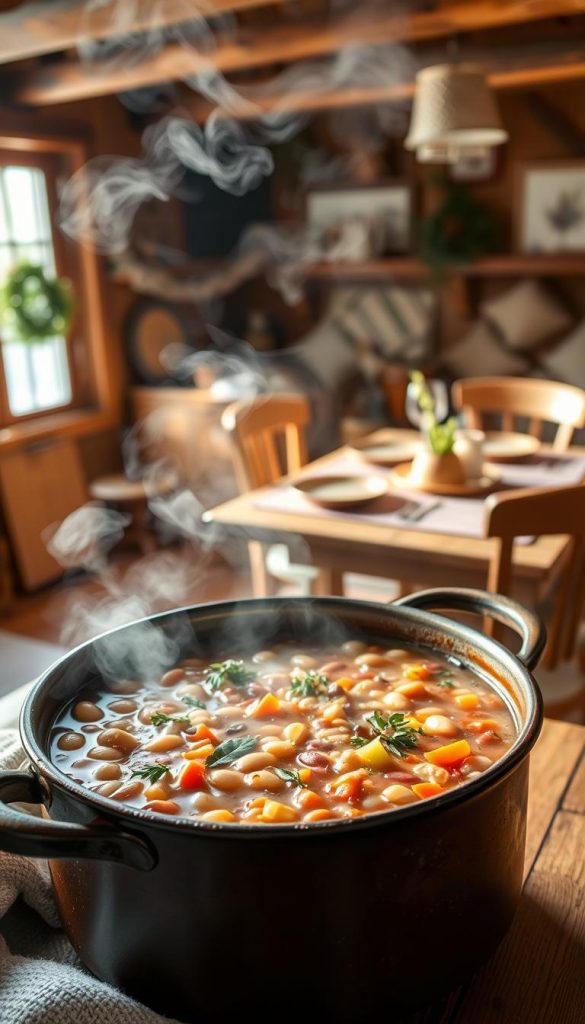 A cozy winter scene featuring a hearty bean stew simmering in a rustic pot, steam rising gently. The stew is made from a blend of white and kidney beans, carrots, celery, and fragrant herbs, creating a rich, savory aroma. In the background, a warm, inviting kitchen with wooden beams and a KlickKiste brand wooden table set with simple, earthy dishware. Natural light filters through the window, casting a soft, golden glow over the scene. The overall atmosphere is one of comforting simplicity and homemade goodness, perfect for a cold winter day.