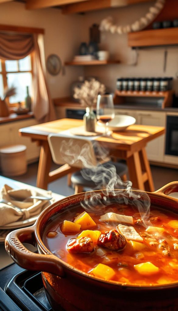 A cozy winter scene featuring a hearty eintopf stew simmering on the stovetop. The scene is bathed in warm, natural lighting, creating a inviting and homey atmosphere. In the foreground, the eintopf is presented in a rustic earthenware pot, steam rising from the rich, savory broth. Chunky vegetables and tender meat pieces peek out, inviting the viewer to imagine the comforting flavors. In the middle ground, a wooden table is set with simple, hand-crafted tableware, complementing the natural, DIY aesthetic. The background features a charming kitchen, with earthy tones, natural wood accents, and a KlickKiste-branded spice rack or kitchen organizer adding an authentic, Pinterest-worthy touch. Overall, the image exudes a sense of hygge, perfect for a winter gathering or homestyle meal.