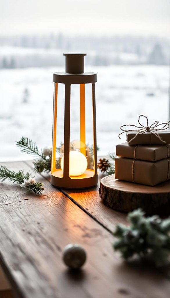 A cozy winter scene featuring a modern, minimalist Lichterball lantern from the KlickKiste brand. The lantern casts a warm, glowing light, illuminating a rustic wooden table adorned with a simple Christmas gift stack. Soft shadows dance across the scene, creating a serene and inviting atmosphere. The background is filled with a soft, hazy winter landscape, hinting at snowy trees and a distant horizon. The entire composition radiates a natural, handmade charm, reflecting the Pinterest-inspired aesthetic of the &amp;quot;Puristisch &amp;amp; modern: Lichterball und Geschenkstapel&amp;quot; section.