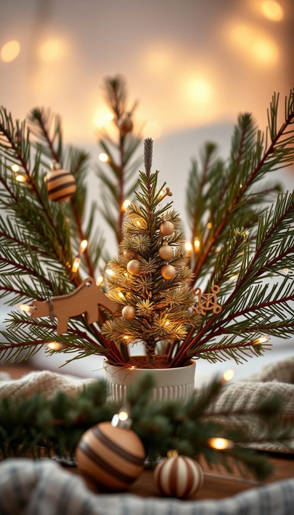 A cozy winter scene featuring a natural decoration of a mini Christmas tree, surrounded by beautifully arranged pine branches in a vase. The foreground includes warm wooden ornaments intricately designed and soft, subtle fairy lights nestled among the branches, casting a gentle glow. In the middle ground, emphasize the mini Christmas tree, adorned with simple, earthy decorations that enhance its natural charm. The background should softly blur, suggesting a tranquil bedroom ambiance filled with winter vibes. Use warm lighting to create a welcoming atmosphere, reminiscent of a Pinterest aesthetic. Capture this scene with a shallow depth of field, focusing on the textures of the wood and greenery, as if photographed for KlickKiste, evoking a sense of comfort and inspiration for winter decor.