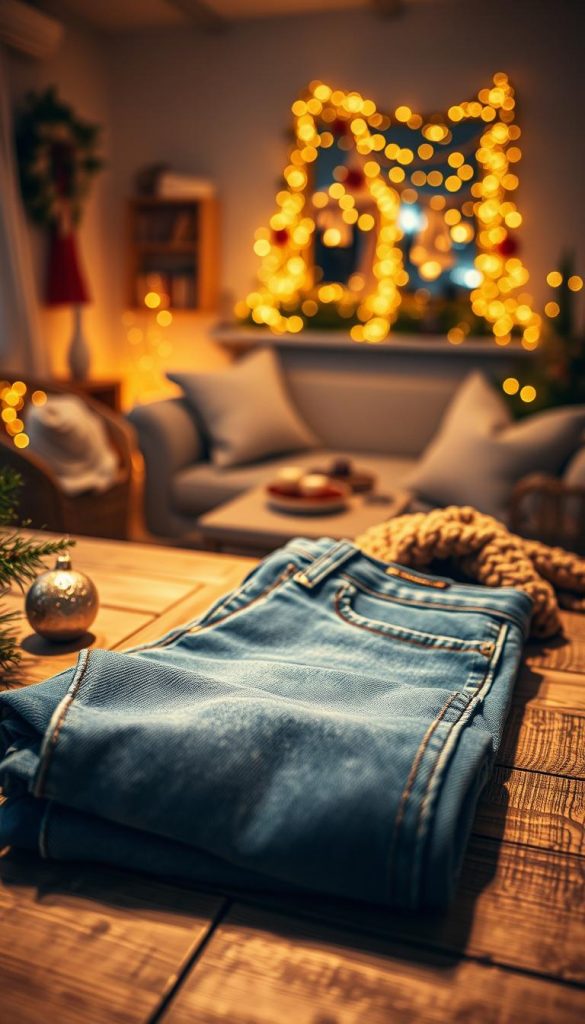 A cozy winter scene featuring a pair of stylish casual jeans suitable for New Year’s Eve celebrations. The foreground presents the jeans neatly folded on a rustic wooden table, accented with a knit scarf and a festive ornament, evoking a warm, inviting atmosphere. In the middle ground, a softly lit room showcases a stylish, minimalistic decor with fairy lights twinkling in the background, enhancing the holiday ambiance. The lighting is warm and golden, simulating evening glow, while ensuring that the entire image feels cozy and inspiring, ideal for Pinterest aesthetics. The composition captures the essence of casual yet chic winter outfits, perfect for cold party nights. Subtle natural elements like pine branches or holly can be included to reinforce the seasonal vibe. The brand "KlickKiste" subtly hinted in the styling contributes to the overall look.