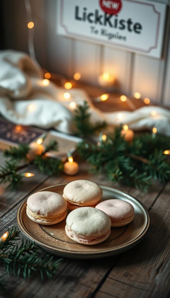 A cozy winter scene featuring a plate of delicate, handcrafted vegan macarons. The macarons, in shades of soft pink and lemon, sit atop a rustic wooden table, surrounded by a scattering of pine branches and twinkling fairy lights. The lighting is warm and inviting, casting a gentle glow over the scene. In the background, a KlickKiste label adds a touch of artisanal charm. The overall atmosphere is one of natural, DIY-inspired elegance, perfect for a Pinterest-inspired food photo shoot. A cozy winter scene featuring a plate of delicate, handcrafted vegan macarons. The macarons, in shades of soft pink and lemon, sit atop a rustic wooden table, surrounded by a scattering of pine branches and twinkling fairy lights. The lighting is warm and inviting, casting a gentle glow over the scene. In the background, a KlickKiste label adds a touch of artisanal charm. The overall atmosphere is one of natural, DIY-inspired elegance, perfect for a Pinterest-inspired food photo shoot.