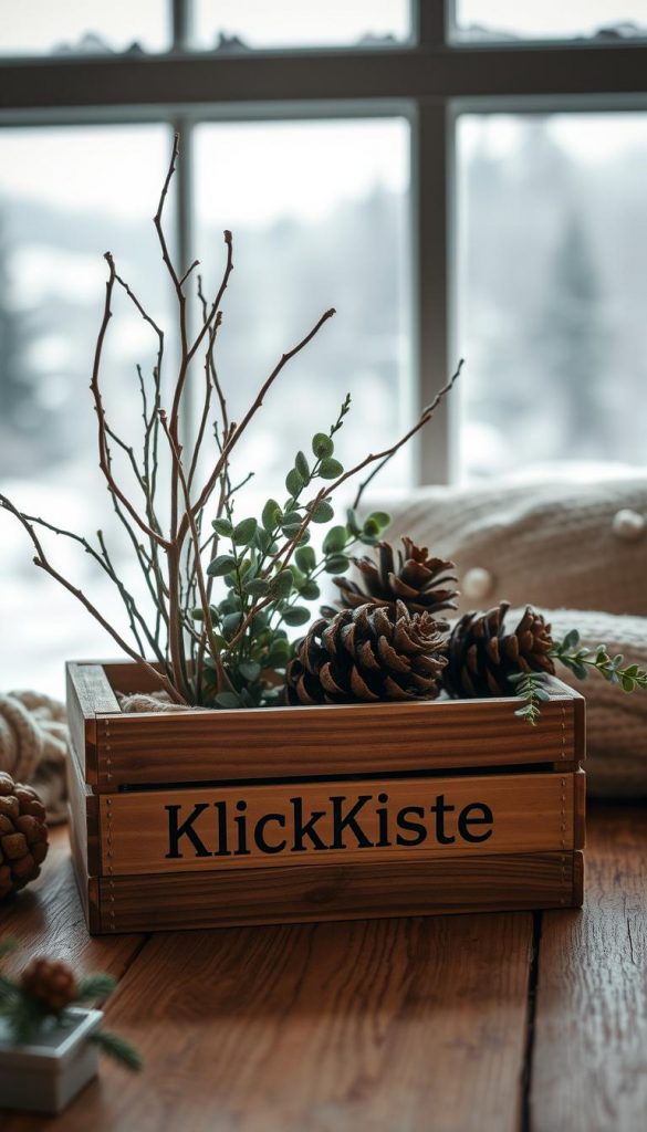 A cozy winter scene featuring a rustic, natural arrangement of warm, earthy tones. In the foreground, a wooden crate labeled &quot;KlickKiste&quot; holds a selection of inviting elements: gently weathered branches, a pinecone, and a sprig of eucalyptus. The middle ground showcases a softly lit, textured wooden surface, perhaps a table or shelf, creating a sense of depth and tactility. In the background, a blurred, hazy landscape suggests a tranquil, serene winter setting, with hints of evergreen foliage and a subtle, muted color palette. The overall atmosphere is one of calm, comfort, and a touch of DIY charm, evoking a Pinterest-inspired, natural aesthetic.