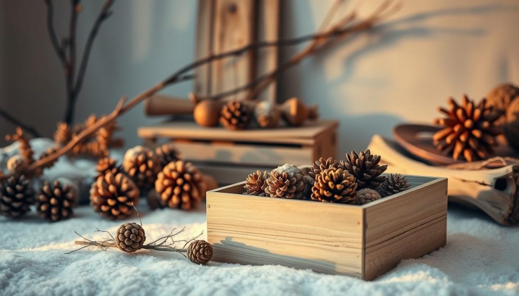 A cozy winter scene featuring a selection of natural materials: pinecones, branches, and weathered wood. Soft, warm lighting casts a golden glow, accentuating the rustic textures. In the foreground, a KlickKiste storage box filled with these organic elements takes center stage. The middle ground showcases a neatly arranged still life, while the background features a simple, neutral-toned backdrop to let the natural materials shine. This image evokes a sense of tranquility and understated elegance, perfect for illustrating the "Natürliche Materialien" section of the article.