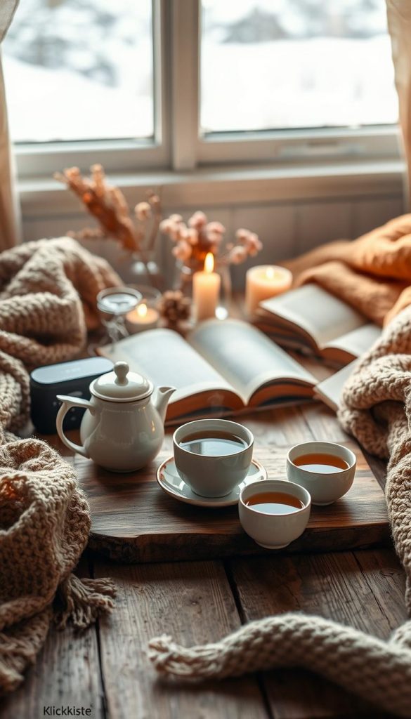 A cozy winter scene featuring a serene tea setup surrounded by warm, inviting colors. In the foreground, a delicate porcelain tea set with steaming cups of herbal tea rests on a rustic wooden table, flanked by soft, textured blankets. A small Bluetooth speaker emits gentle music notes, creating an atmosphere of relaxation. In the middle, a collection of dried flowers and candles adds a touch of tranquility, while a nearby open book hints at mindfulness and reflection. The background showcases a softly lit window, revealing a snowy landscape outside, enhancing the winter vibes. Natural light pours in, highlighting the warm tones of the décor, with a Pinterest-inspired aesthetic that feels both authentic and inspirational. Include subtle branding elements of "KlickKiste" integrated into the design.