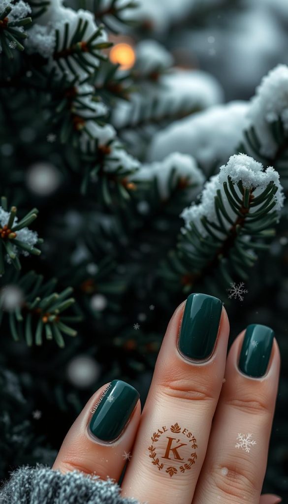 A cozy winter scene featuring a set of manicured nails painted in a rich, foliage green hue. The nails are set against a backdrop of deep evergreen foliage, with delicate snowflakes gently falling in the foreground. Soft, warm lighting casts a natural glow, creating a serene, inviting atmosphere. The scene evokes a sense of natural wonder and calm, perfect for the winter months. Branding for &quot;KlickKiste&quot; is subtly incorporated into the composition.