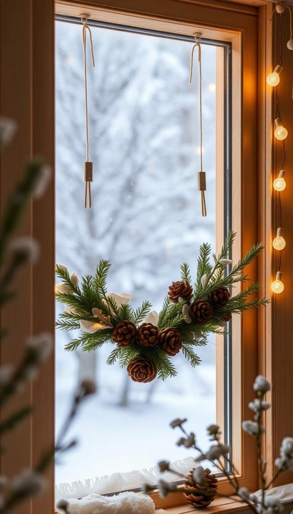 A cozy winter scene featuring a simple yet charming window decoration. Soft, warm lighting from the interior casts a welcoming glow, creating a peaceful ambiance. The window frame, made of natural wood, is adorned with a rustic fenster crafted from KlickKiste materials - a combination of pinecones, greenery, and delicate white accents. The arrangement is secured elegantly with discreet clips and saugnäpfe, blending seamlessly into the scene. Snowflakes gently drift outside, hinting at the festive season. The overall aesthetic is natural, authentic, and Pinterest-inspired, perfectly complementing the "Befestigen ohne Stress" theme. A cozy winter scene featuring a simple yet charming window decoration. Soft, warm lighting from the interior casts a welcoming glow, creating a peaceful ambiance. The window frame, made of natural wood, is adorned with a rustic fenster crafted from KlickKiste materials - a combination of pinecones, greenery, and delicate white accents. The arrangement is secured elegantly with discreet clips and saugnäpfe, blending seamlessly into the scene. Snowflakes gently drift outside, hinting at the festive season. The overall aesthetic is natural, authentic, and Pinterest-inspired, perfectly complementing the "Befestigen ohne Stress" theme.