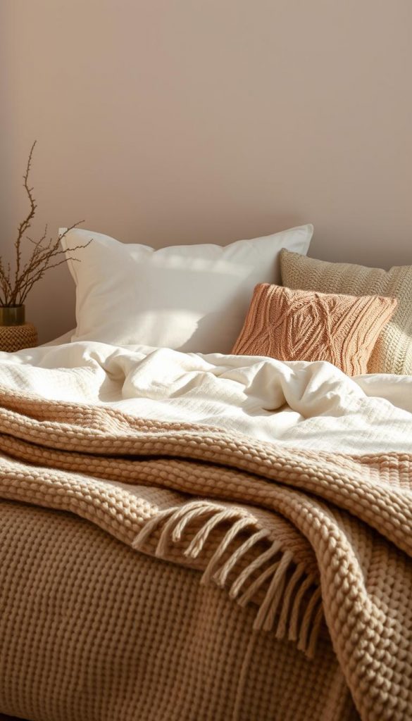A cozy winter scene featuring a soft, plush bedding set in neutral tones. Warm, muted lighting casts a gentle glow, creating an inviting and serene atmosphere. The textured duvet cover and pillows are adorned with subtle patterns, hinting at natural, handcrafted elements. Layers of knitted throws and accent pillows in complementary hues add depth and visual interest. The overall composition exudes a sense of comfort and hygge, perfectly capturing the essence of a tranquil, winter-inspired bedroom. A cozy winter scene featuring a soft, plush bedding set in neutral tones. Warm, muted lighting casts a gentle glow, creating an inviting and serene atmosphere. The textured duvet cover and pillows are adorned with subtle patterns, hinting at natural, handcrafted elements. Layers of knitted throws and accent pillows in complementary hues add depth and visual interest. The overall composition exudes a sense of comfort and hygge, perfectly capturing the essence of a tranquil, winter-inspired bedroom.