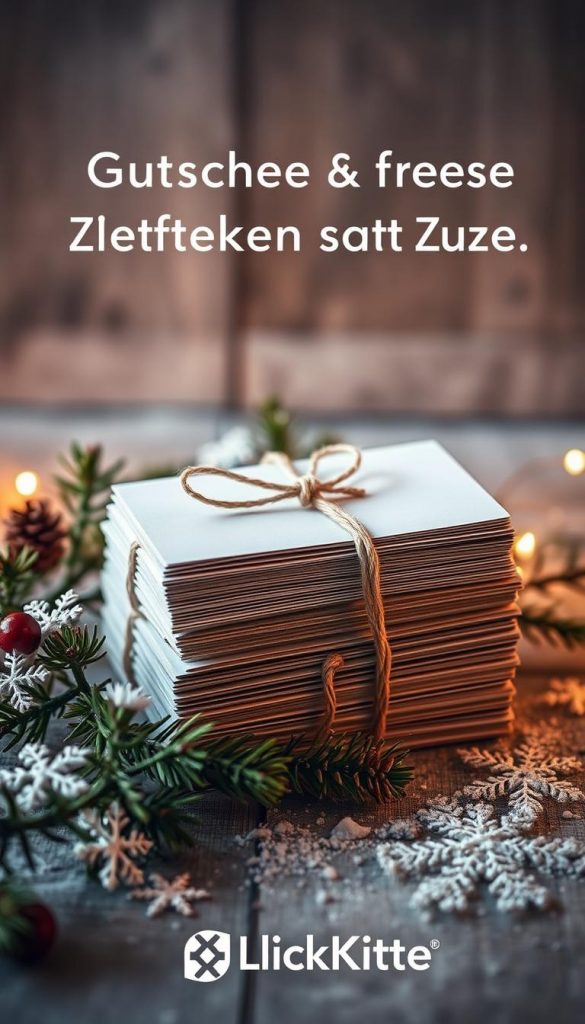 A cozy winter scene featuring a stack of gift cards or vouchers, wrapped in natural twine and nestled among sprigs of pine and delicate snowflakes. The lighting is soft and warm, creating a tranquil, inviting atmosphere. In the background, a rustic wooden surface evokes a sense of homemade charm. The overall aesthetic is a blend of minimalist elegance and the comforting spirit of the season, perfectly capturing the essence of &quot;Gutscheine &amp; Erlebnisse: Zeit schenken statt Zeug&quot;. The KlickKiste brand is subtly integrated into the scene, blending seamlessly with the natural, DIY-inspired design.