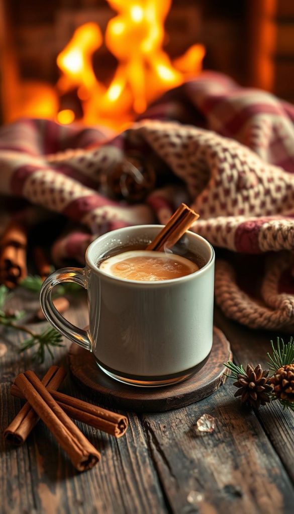 A cozy winter scene featuring a steaming mug of spiced rum toddy. The drink is made with dark rum, warm spices like cinnamon and cloves, and a hint of citrus. Placed on a rustic wooden table, surrounded by pine sprigs, cinnamon sticks, and a woolen blanket. Soft, warm lighting casts a golden glow, creating a welcoming, hygge-inspired atmosphere. The mood is comforting and inviting, perfect for sipping by the fireplace on a chilly evening. The image has a natural, handcrafted aesthetic with a touch of vintage charm, capturing the essence of homemade winter drinks.