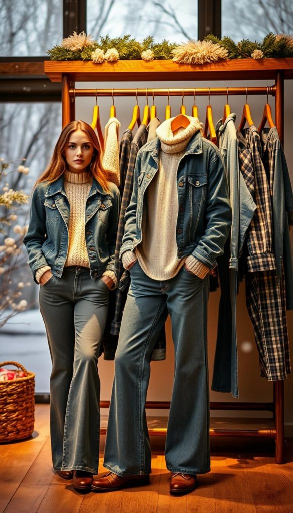 A cozy winter scene featuring a styled outfit centered around denim jeans in various cuts, including wide-leg and checkered patterns. In the foreground, display a model wearing a fitted denim jacket layered over a chunky knit sweater, complemented by stylish wide-leg jeans. The middle section should showcase different denim styles hanging elegantly on a rustic wooden rack, illuminated by warm, natural light, enhancing the textures of the fabrics. The background features a softly blurred winter-inspired landscape with falling snow and gentle twinkling lights, creating a Pinterest-worthy atmosphere. The entire composition should convey warmth and inspiration, ideal for showcasing stylish winter outfit ideas. Brand name: KlickKiste.