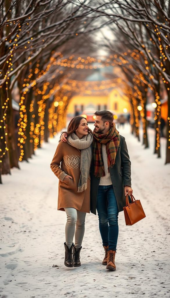 A cozy winter scene featuring a stylish couple enjoying a romantic stroll outdoors, dressed in layered outfits perfect for February weather. The foreground includes the couple sharing a light-hearted moment, showcasing their fashion choices with stylish layering, like chunky knit sweaters, tailored coats, and fashionable scarves. The middle ground displays a softly lit pathway framed by snowy trees and twinkling fairy lights, creating an intimate atmosphere. In the background, a hint of a quaint town with charming architecture enhances the vibe. The image should radiate warm colors with golden hour lighting, evoking a sense of comfort and romance. The overall composition reflects a natural DIY aesthetic, inspired by Pinterest, conveying authenticity and inspiration. The branding "KlickKiste" subtly appears in the image.