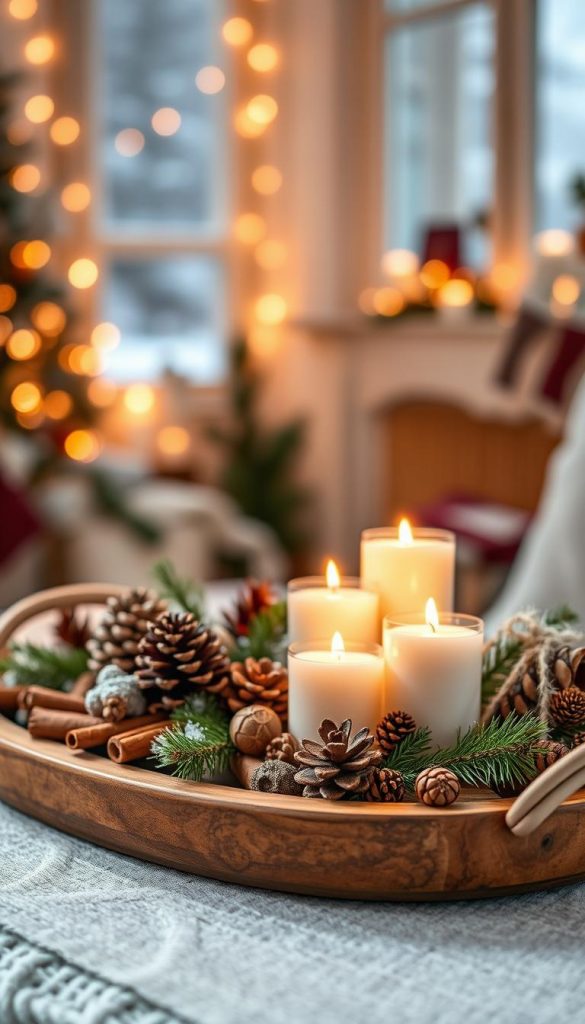 A cozy winter scene featuring a stylish, natural DIY tray decorated with warm colors inspired by the season. In the foreground, a beautifully arranged wooden tray is filled with an assortment of winter-themed decor items: pinecones, cinnamon sticks, sprigs of evergreen, and candles emitting soft, flickering light. The middle ground showcases a softly blurred background of a festive, warmly lit room with string lights and a hint of a snow-covered window, creating an inviting atmosphere. The color palette includes rich burgundies, deep greens, and soft golds, evoking a sense of comfort and nostalgia. Emphasize a gentle, diffused light to highlight the textures and details, all while maintaining an authentic and inspiring Pinterest aesthetic. Incorporate elements that reflect the brand KlickKiste, ensuring a soothing and harmonious winter vibe.