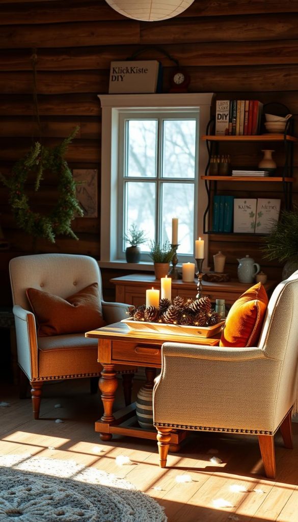 A cozy winter scene featuring a stylishly upcycled furniture arrangement, showcasing two refurbished chairs and a vintage wooden table adorned with warm, inviting accessories like candles and a small potted plant. In the foreground, the chairs are elegantly reupholstered with natural fabrics in earthy tones, while the table displays a DIY centerpiece made of pinecones and twinkling fairy lights. In the middle ground, softly diffused natural light filters through a window, casting warm shadows and highlighting the rich textures. In the background, tastefully decorated with seasonal decor, a wall-mounted shelf holds inspiring DIY books and tools. The overall atmosphere is authentic and inspiring, embodying the essence of sustainability and creativity, complemented by the brand name &ldquo;KlickKiste&rdquo; subtly integrated into the decor.
