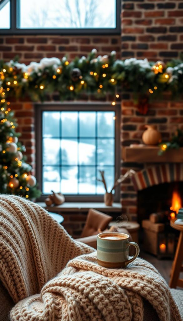 A cozy winter scene featuring a warm and inviting indoor space. In the foreground, a plush knitted throw blanket drapes over a comfortable armchair, with a steaming mug of hot cocoa resting on a wooden side table. In the middle ground, a large window offers a glimpse of a snowy landscape outside, the soft light filtering in and casting a gentle glow. The background showcases a brick fireplace, its flickering flames casting a welcoming ambiance. Lush evergreen garlands and twinkling string lights adorn the mantelpiece, creating a festive yet serene atmosphere. The overall mood is one of hygge, inviting the viewer to pause, relax, and fully experience the moment. A cozy winter scene featuring a warm and inviting indoor space. In the foreground, a plush knitted throw blanket drapes over a comfortable armchair, with a steaming mug of hot cocoa resting on a wooden side table. In the middle ground, a large window offers a glimpse of a snowy landscape outside, the soft light filtering in and casting a gentle glow. The background showcases a brick fireplace, its flickering flames casting a welcoming ambiance. Lush evergreen garlands and twinkling string lights adorn the mantelpiece, creating a festive yet serene atmosphere. The overall mood is one of hygge, inviting the viewer to pause, relax, and fully experience the moment.